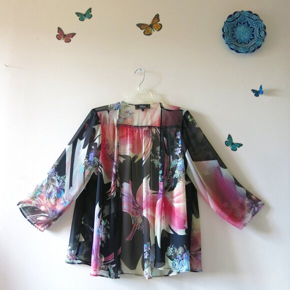 Vintage Status by Chenault Floral Roses Bohemian Chiffon Open Cardigan Sz. L - Picture 1 of 16